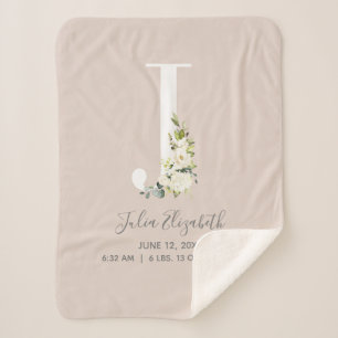 Couverture Sherpa LETTRE FLORALE ROSE BLANCHE J Script Bébé Statisti