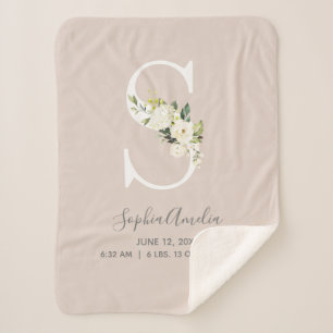 Couverture Sherpa LETTRE Florale rose pâle S Script Bébé Statistique