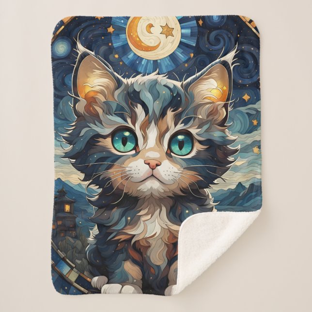 Couverture Sherpa Little Fluffy Kitten Nuit Ciel Vitrail (Devant)