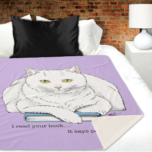 Couverture Sherpa Livre de chat blanc drôle lisant humour violet