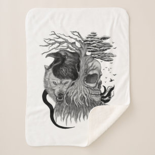 Couverture Sherpa Loup et corbeau avec crâne