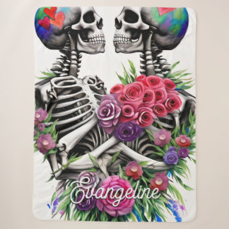 Couverture Sherpa Love Couple Aquarelle Skeletons Floraux