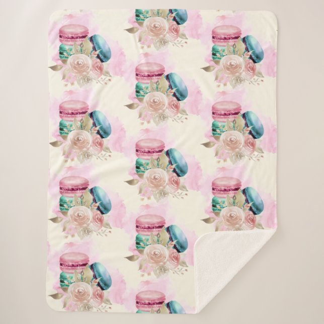 Couverture Sherpa Macarons et fleurs colorés Motif d'aquarelle (Devant)