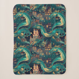 Couverture Sherpa Majestic Turquoise Dragons et Village