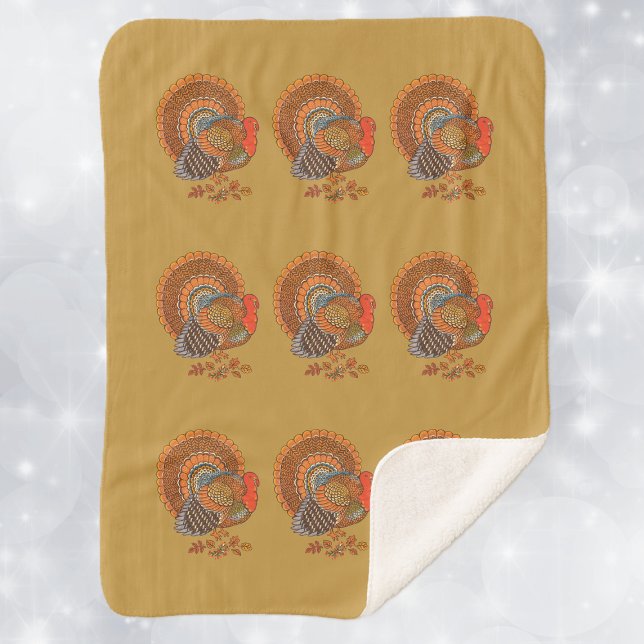 Couverture Sherpa Male Turkey Fanned Tail Autumn Leaves Yellow (Male Thanksgiving Turkeys brown orange feathers in Autumn leaves on mustard yellow Sherpa Blanket.)