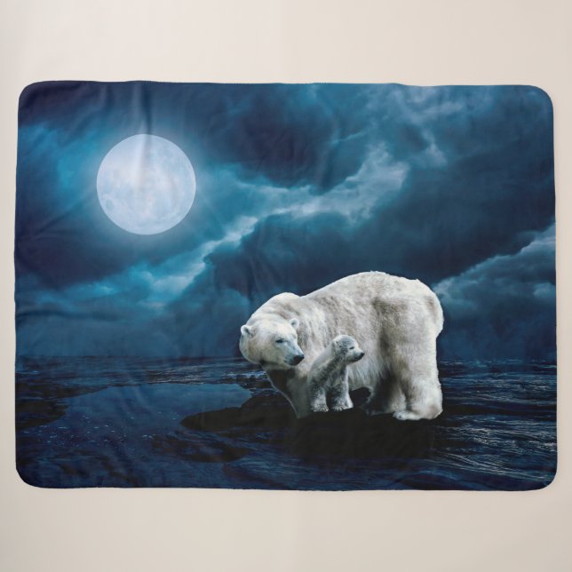 Couverture Sherpa Maman et bébé Ours polaire à la nuit (Devant (Horizontal))