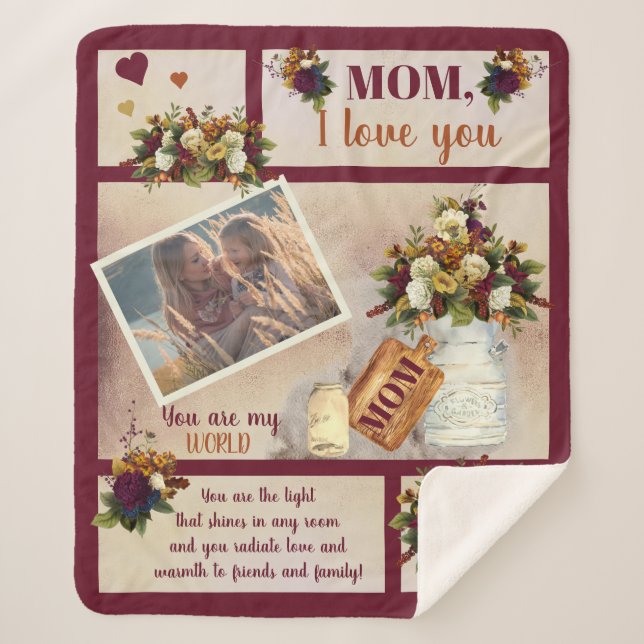 Couverture Sherpa Maman I Love You Photo Fall Floral | Texte du scri (Devant)