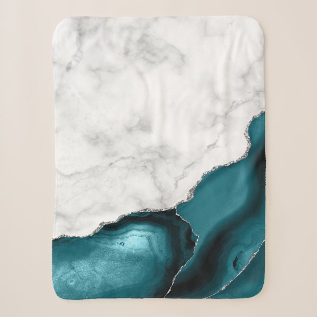 Couverture Sherpa Marbre blanc Parties scintillant argent Turquoise  (Devant)