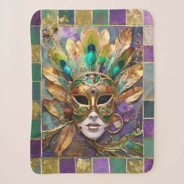 Couverture Sherpa Mardi Gras Gold et vert Peacock Feature Masque (Devant)