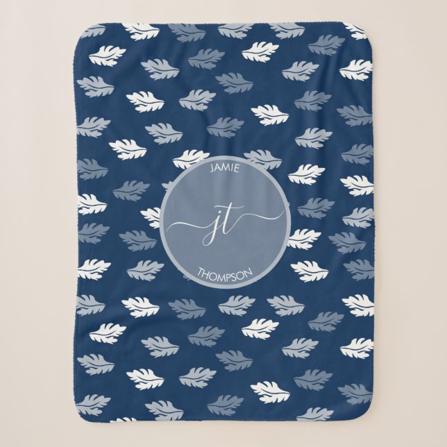 Couverture Sherpa Marine Blue Antique Feuille Motif Monogramme (Devant)