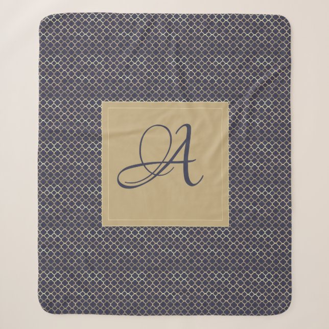 Couverture Sherpa Marine Blue Monogram Quatrefoil Nouveau mariés Mar (Devant)