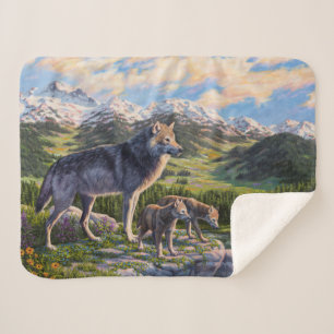 Couverture Sherpa Mère Wolf & Pups Mountain River Valley