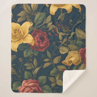 Couverture Sherpa Midnight Victorian Floral – Yellow Lilies & Roses 