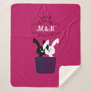 Couverture Sherpa Mignon Lapin Kawaii Noir Blanc Monogramme