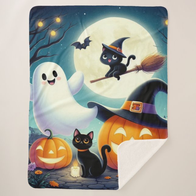 Couverture Sherpa Mignonne, citrouille d'Halloween, chat & fantôme (Devant)