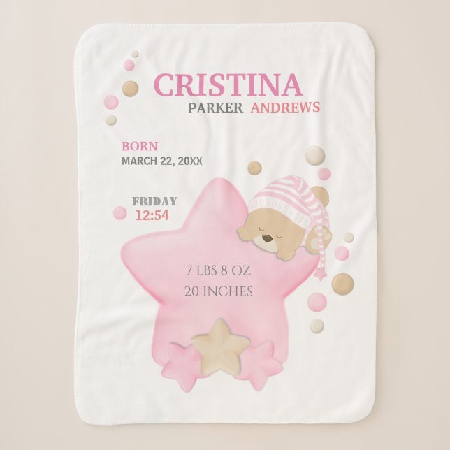 Couverture Sherpa Mignonne Sleeping Teddy Ours Bébé Fille Statistiqu (Devant)