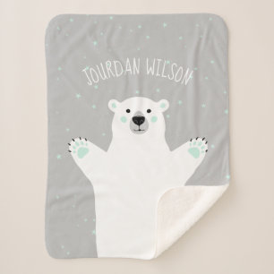 Couverture Sherpa Mint Gris à l'ours polaire Ajoutez votre nom Béb