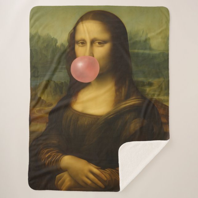 Couverture Sherpa Mona Lisa soufflant de bulle rose (Devant)