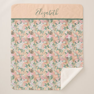 Couverture Sherpa Monogram Boho Rose Pêche Blanc Floral Tendance