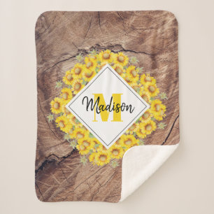Couverture Sherpa Monogram de Rustic Sunflowers & Wood Texture