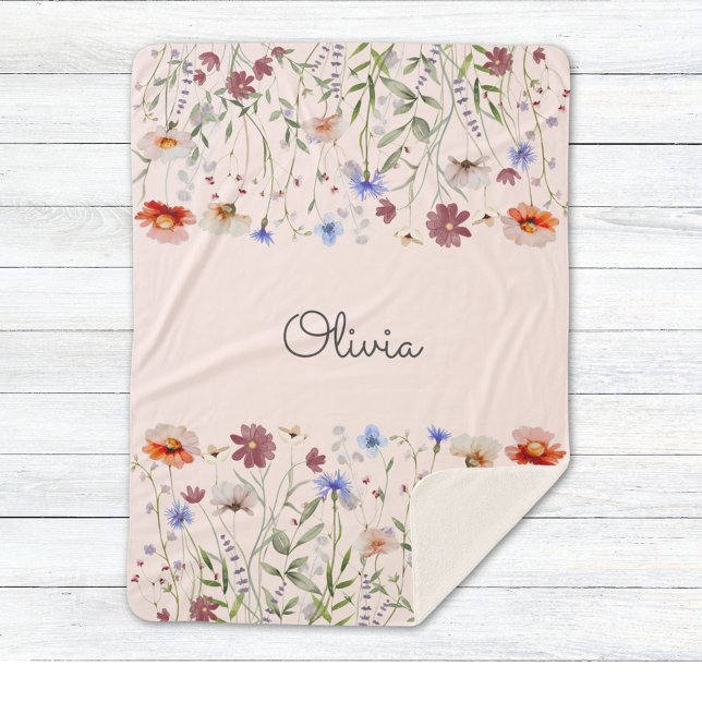 Couverture Sherpa Monogramme Aquarelle couleur Fleur sauvage Meadow (Close up)