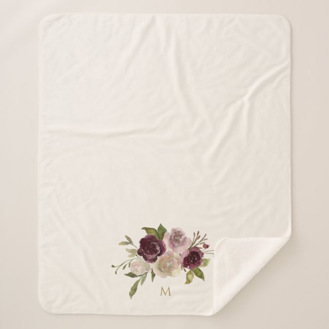 Couverture Sherpa Monogramme d'aquarelle florale rose-bourgogne mode (Devant)