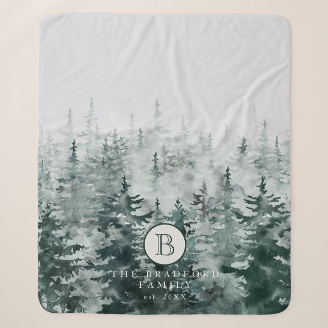 Couverture Sherpa Monogramme de famille de pin d'hiver rustique (Devant)