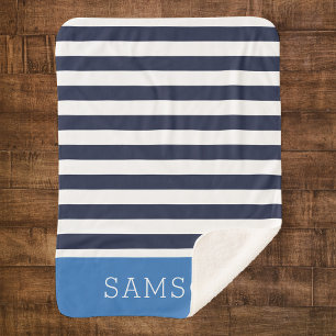 Couverture Sherpa Monogramme de la marine et des bandes bleues Cou