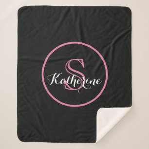 Couverture Sherpa Monogramme de nom personnalisé Rose Noir