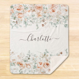 Couverture Sherpa Monogramme Élégant Floral de Rose Rustique et Feui