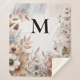Couverture Sherpa Monogramme Feuilles de automne et fleurs aquarelle