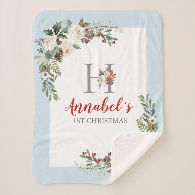 Couverture Sherpa monogramme floral de fleurs de Noël (Devant)