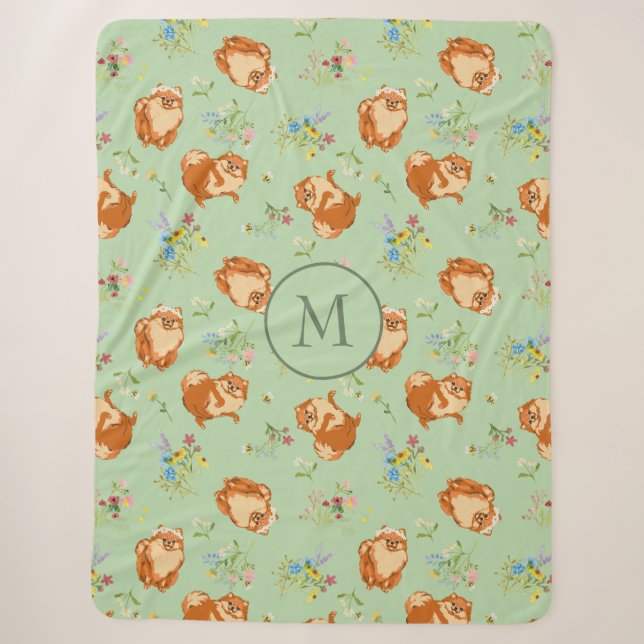 Couverture Sherpa Monogramme Floral Poméranie Motif Mint Green (Devant)