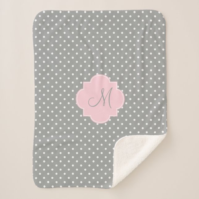 Couverture Sherpa Monogramme Gris, Blanc et Pastel Pink Polka Dot (Devant)