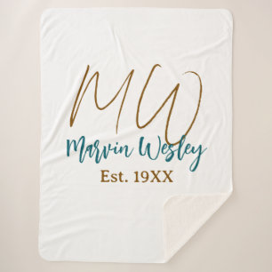 Couverture Sherpa Monogramme marron bleu turquoise année simple mini