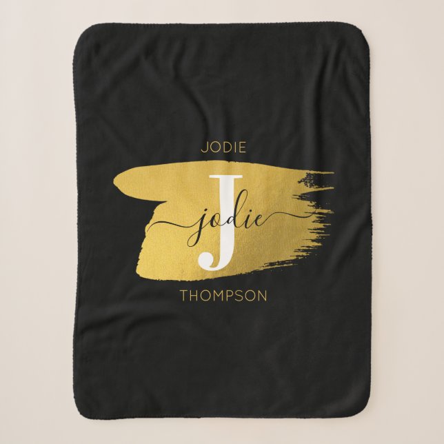 Couverture Sherpa Monogramme moderne noir et or (Devant)