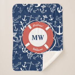 Couverture Sherpa Monogramme nautique Ancre bleu marine Motif