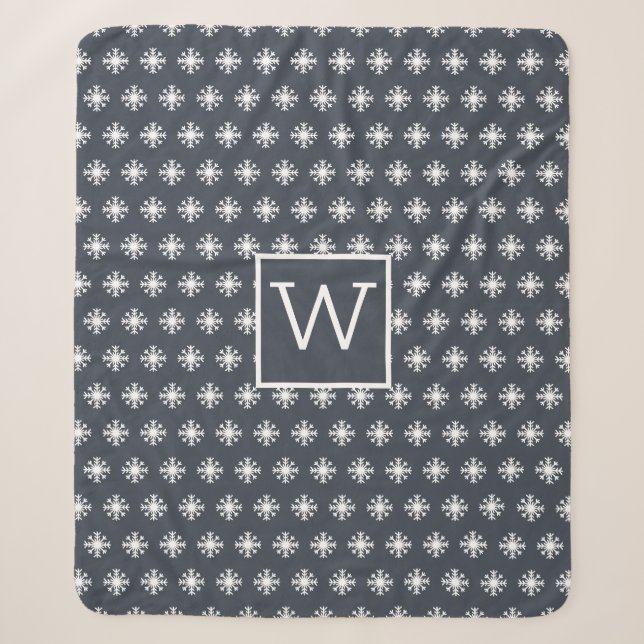 Couverture Sherpa Monogramme Noël Blanc Neige Cristal Bleu foncé (Devant)