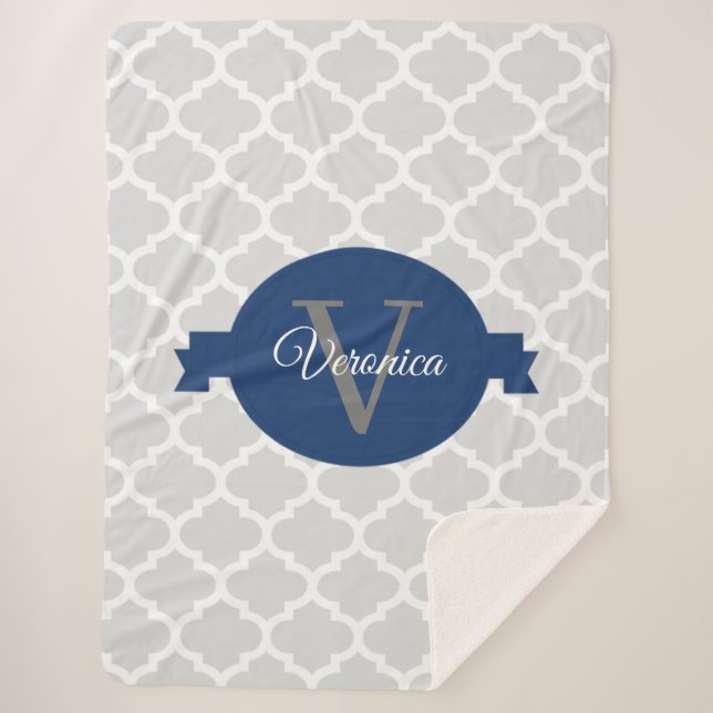 Couverture Sherpa Monogramme personnalisé de Quatrefoil bleu (Devant)