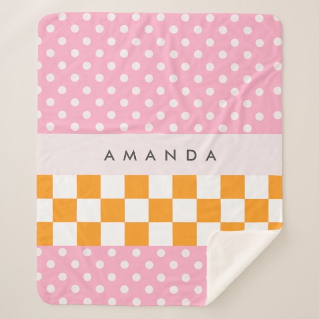 Couverture Sherpa Monogramme personnalisé pois rose orange à carreau (Devant)
