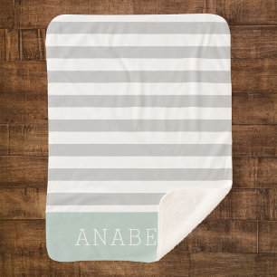 Couverture Sherpa Monogramme rayures grises et menthe Couleurs mod
