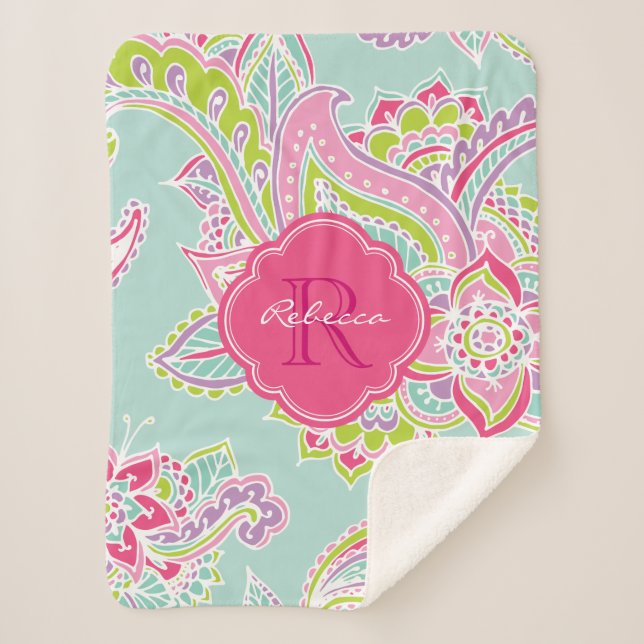 Couverture Sherpa Monogramme rose et menthe Boho Paisley (Devant)