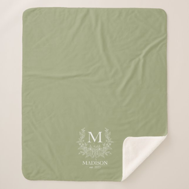 Couverture Sherpa Monogramme rustique initiale personnalisée vert sa (Devant)
