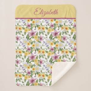 Couverture Sherpa Monogramme Violet Jaune Blanc Vert Floral