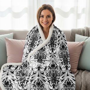 Couverture Sherpa Motif damassé ornemental vintage blanc et noir