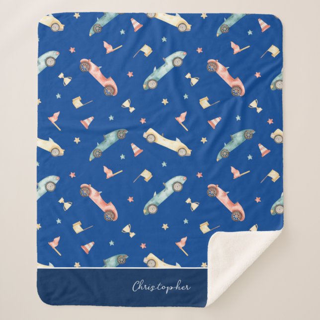 Couverture Sherpa Motif d'aquarelle de la voiture Little Boy Racing  (Devant)