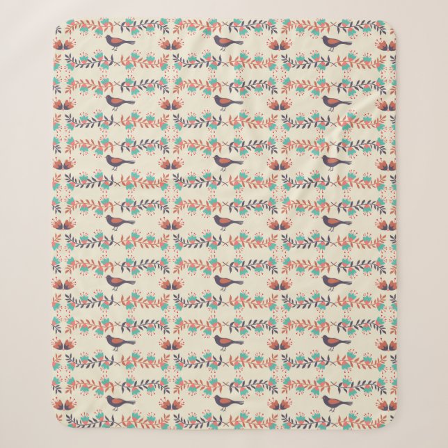 Couverture Sherpa Motif d'art folklorique beige d'oiseaux et de fleu (Devant)