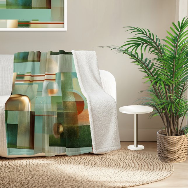 Couverture Sherpa Motif d'art moderne abstrait coloré (Sherpa blanket featuring a modern abstract design in green, teal and gold)