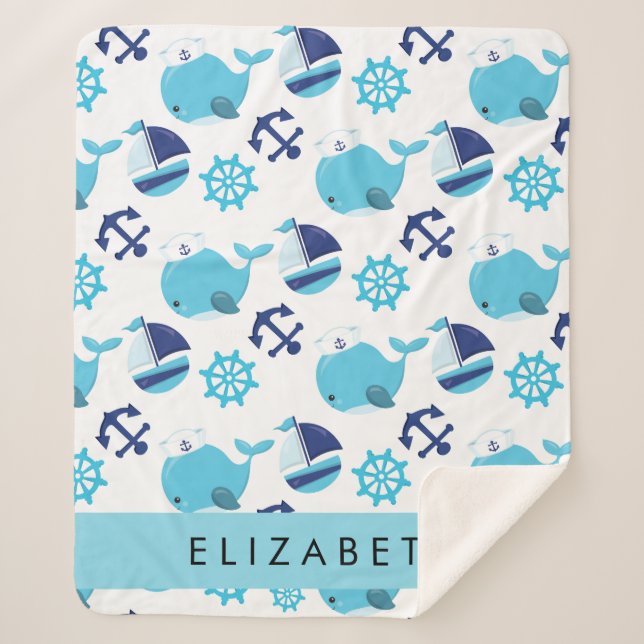 Couverture Sherpa Motif De Baleines, Baleines Bleues, Votre Nom (Devant)