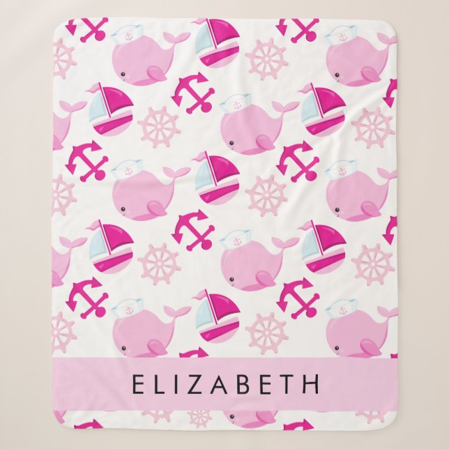 Couverture Sherpa Motif De Baleines, Baleines Roses, Votre Nom (Devant)